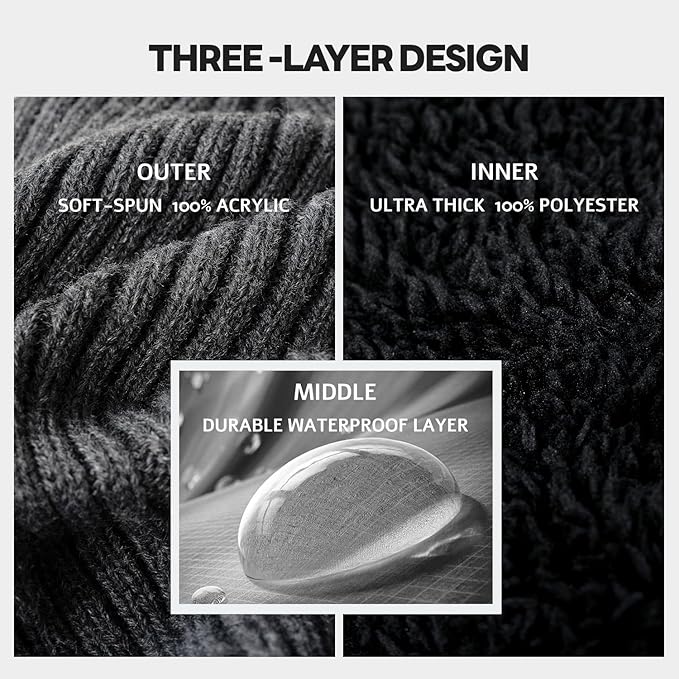 Waterproof Windproof Beanie with neck scarf set - Thick Fleece Lined Knit Winter Hat for Women Warm Watch Cap for Cold Weather（Pink）