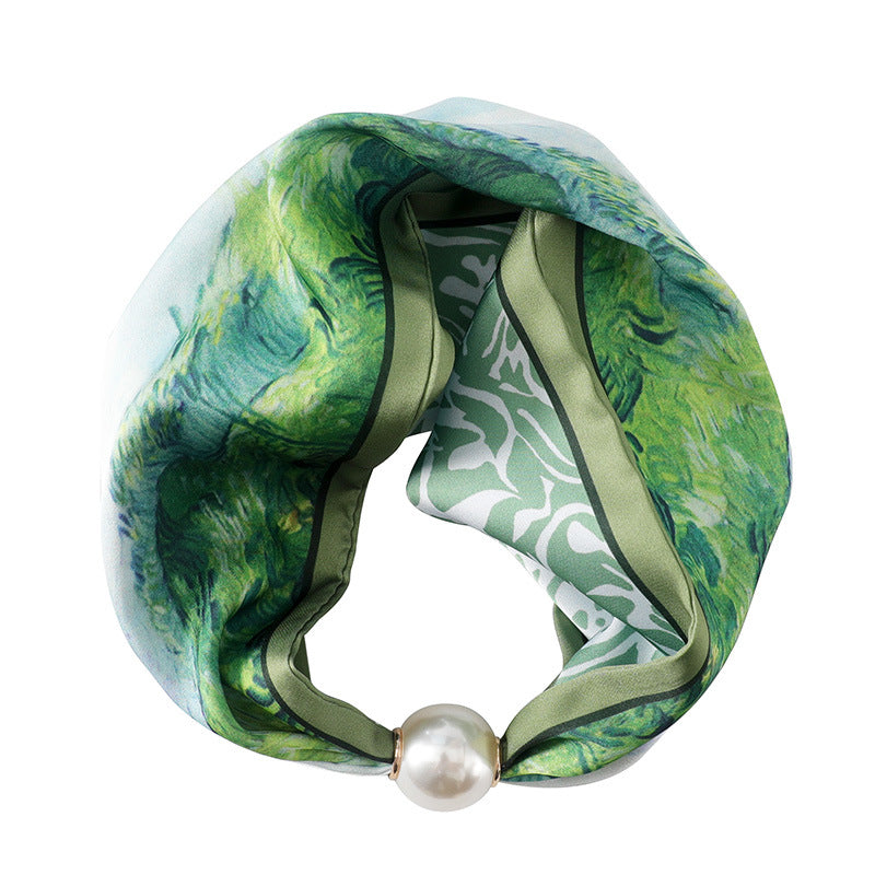 Magnetic Clasp Satin Scarf, Magnetic Necklace Pearls, 2 in 1 Women Fashion Necklace Wear