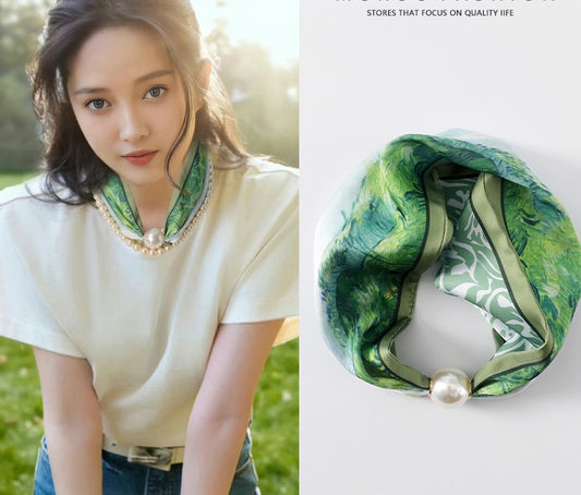 Magnetic Clasp Satin Scarf, Magnetic Necklace Pearls, 2 in 1 Women Fashion Necklace Wear