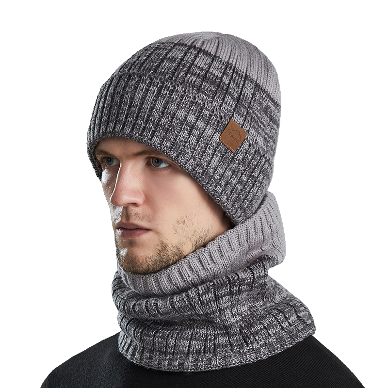 Waterproof Windproof Beanie with neck scarf set - Thick Fleece Lined Knit Winter Hat for Men Warm Watch Cap for Cold Weather（Grey）