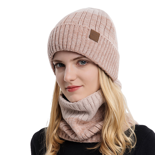 Waterproof Windproof Beanie with neck scarf set - Thick Fleece Lined Knit Winter Hat for Women Warm Watch Cap for Cold Weather（Pink）